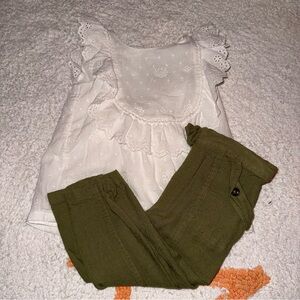 White Eyelet Top and Olive Green Pants Set
